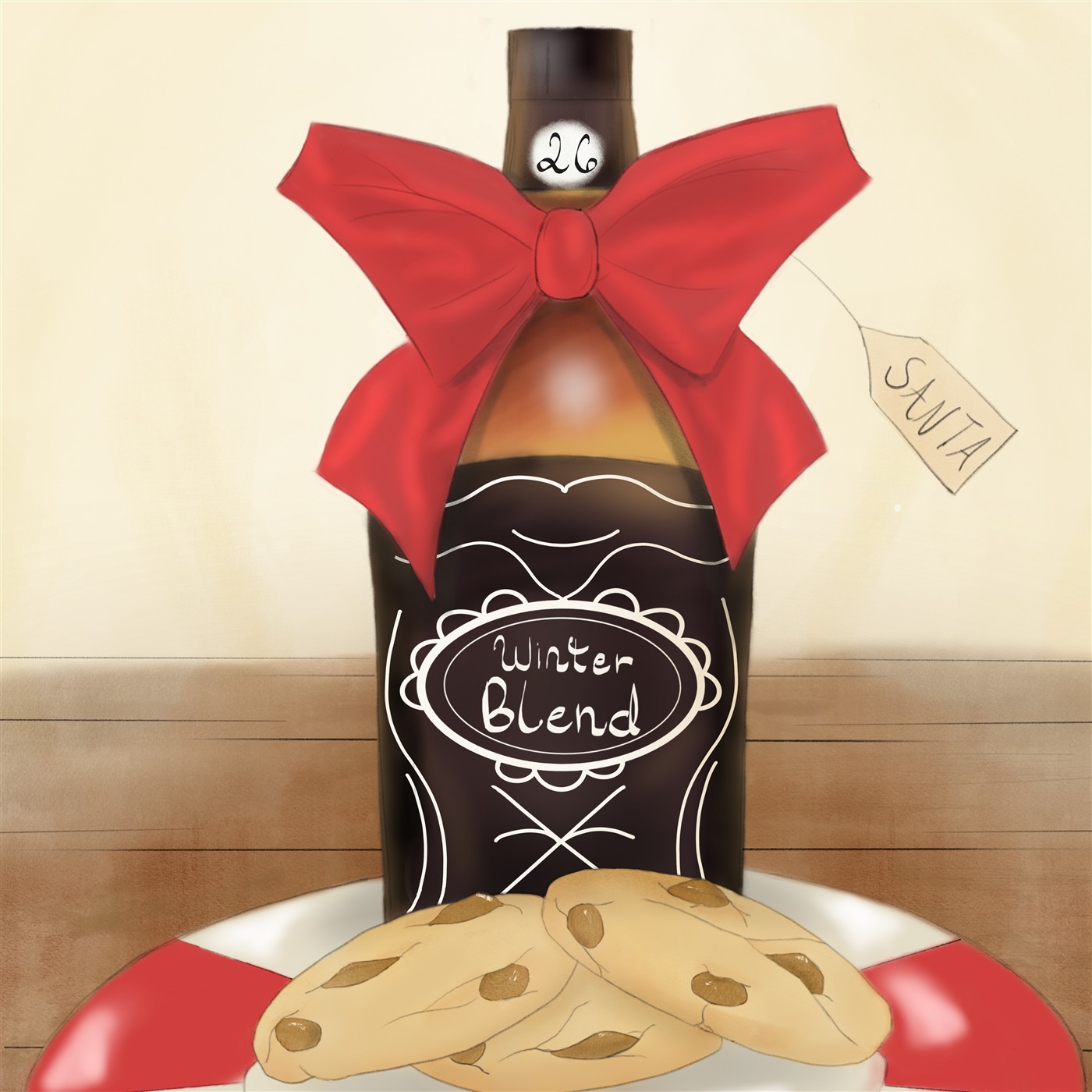 Hand-painted bottle of Winter Blend with a red Christmas bow, a Santa tag and a plate of cookies.